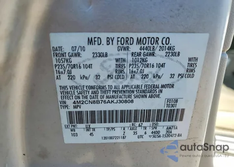 2010 Mercury Mariner from USA, damaged, VIN 4M2CN8B76AKJ30808